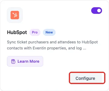 The HubSpot card on the Eventin Extensions page, with its toggle switched on and the Configure button highlighted.
