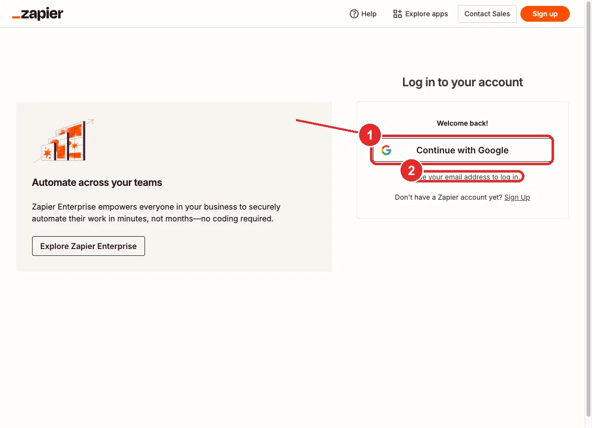 The Zapier log-in page with the Continue with Google button marked 1 and the email address log-in link marked 2.