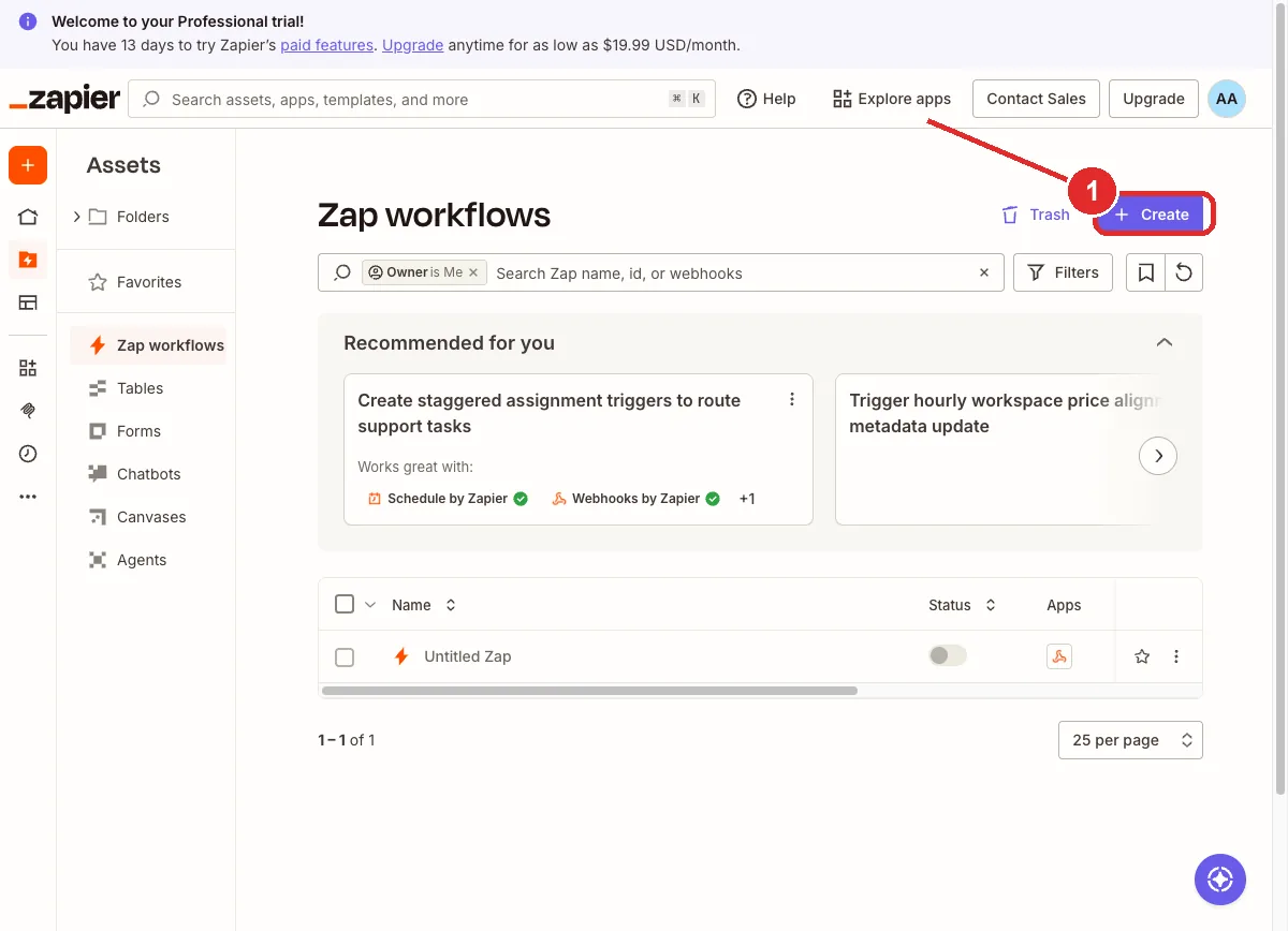 The Zapier Zap workflows dashboard with the Create button in the top right marked 1.