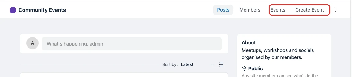 A FluentCommunity space header showing the new Events and Create Event links next to Posts and Members.