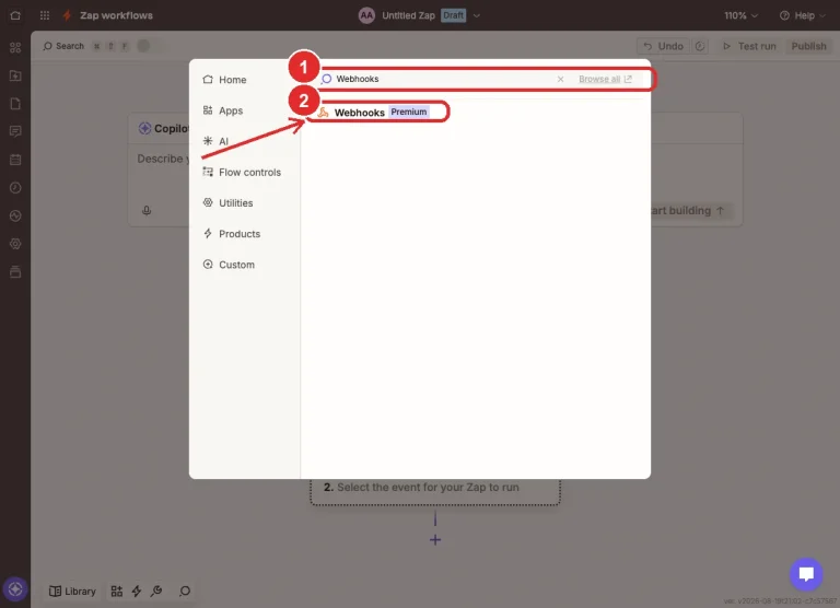 The Zapier app picker with the word Webhooks typed into the search box marked 1 and the Webhooks Premium result marked 2.