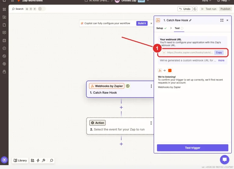 The Zapier test panel showing Your webhook URL with the URL field and Copy button marked 1.