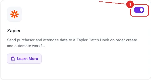 The Zapier card on the Eventin Extensions screen with its on/off switch marked 1 and turned on.
