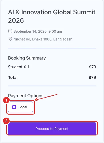 The Eventin checkout sidebar showing the booking summary, with the payment method radio marked 1 and the Proceed to Payment button marked 2.