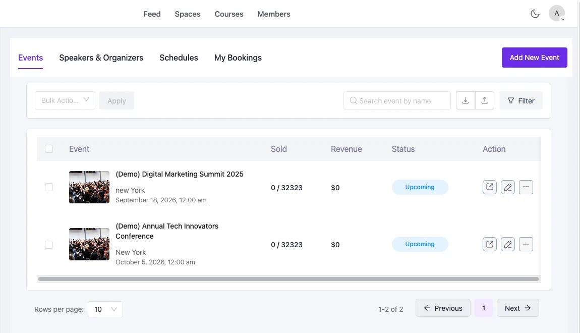 The Eventin event list rendered inside the FluentCommunity portal, showing two upcoming events that belong to the Community Events space.