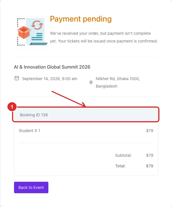 The Eventin booking confirmation screen with the Booking ID row marked 1.