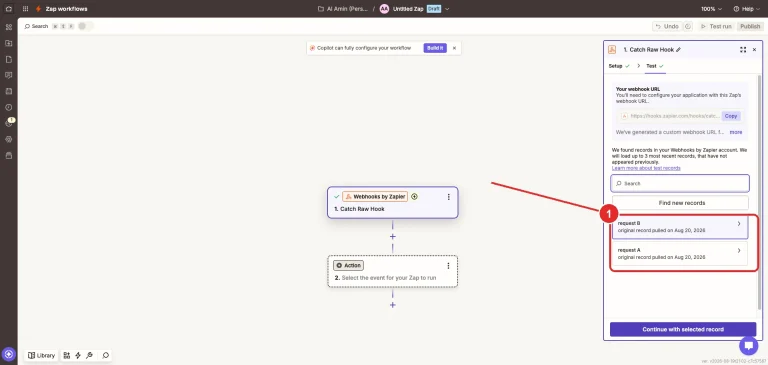 The Zapier test panel listing the caught requests from a booking, with the record list marked 1.