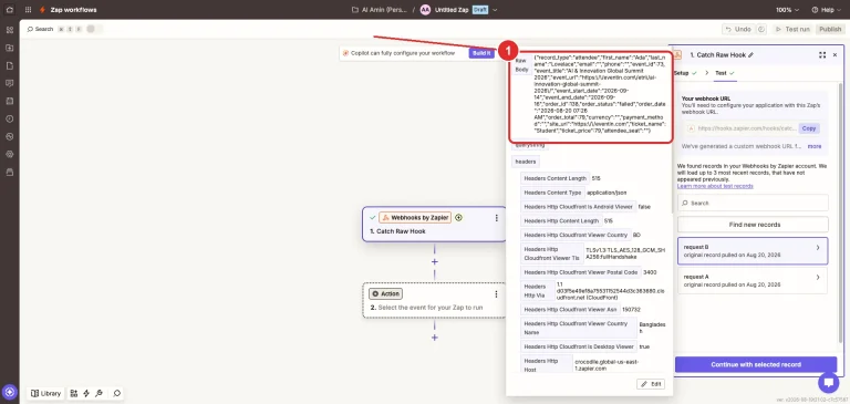 A caught Zapier record expanded to show the raw JSON body sent by Eventin, with the payload marked 1.