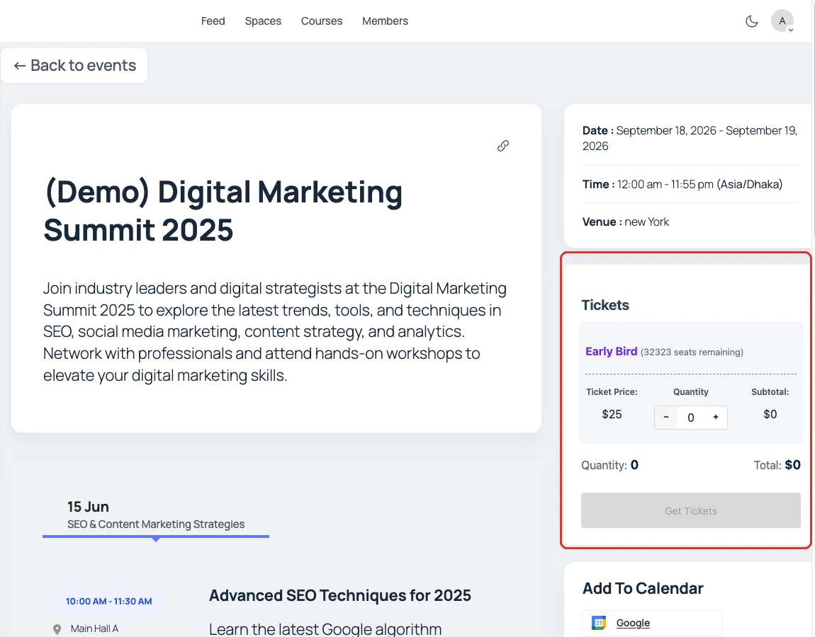 An event preview page inside the FluentCommunity portal, with the event description on the left and the date, venue, and Tickets panel with a Get Tickets button on the right.