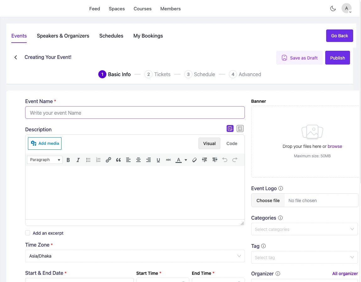 The Eventin create-event wizard open inside the FluentCommunity portal on the Basic Info step, with Event Name, Description, Time Zone, and Banner fields.