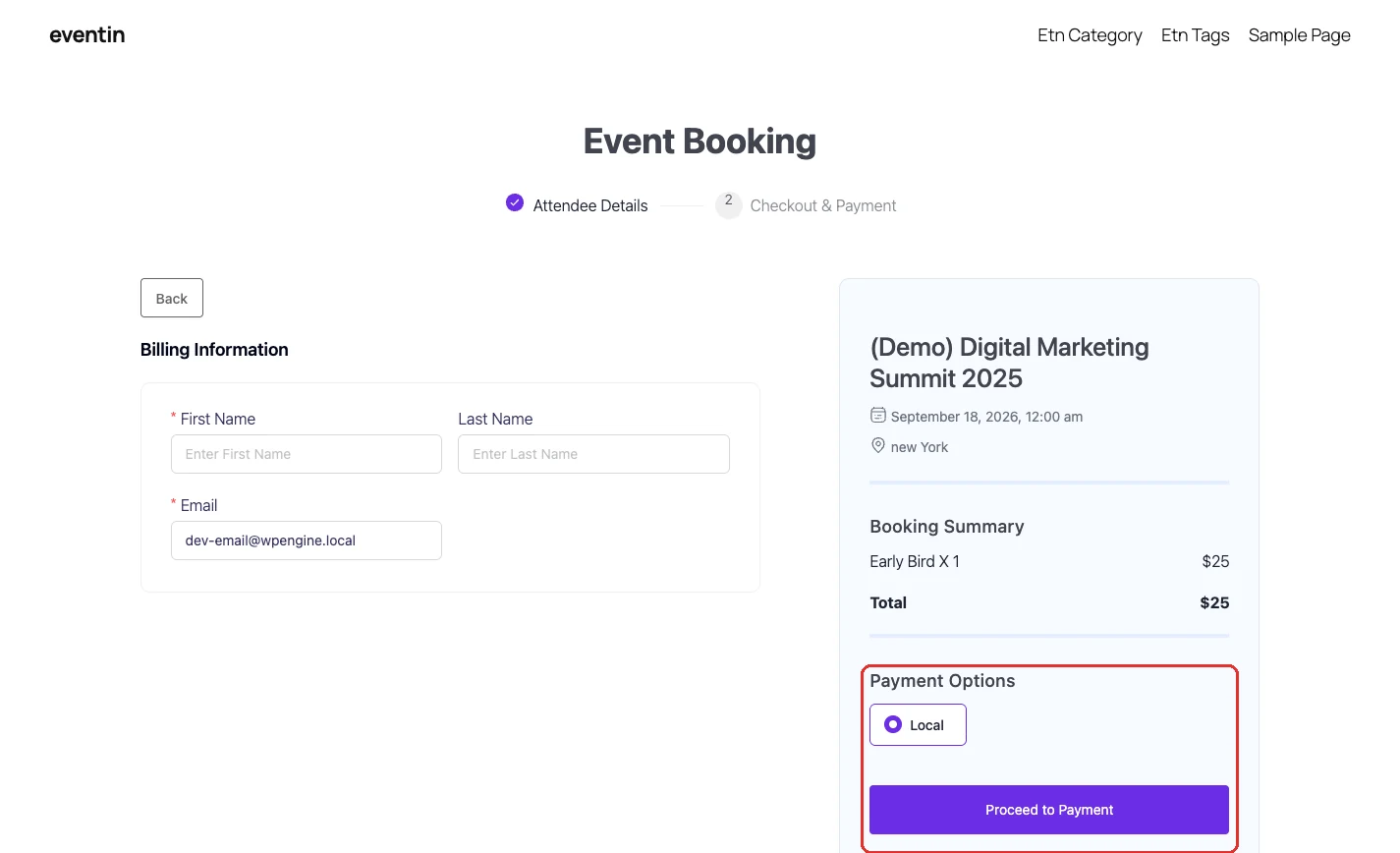 The Eventin Event Booking checkout page reached from the portal, showing billing information on the left and the booking summary with Payment Options and the Proceed to Payment button on the right.