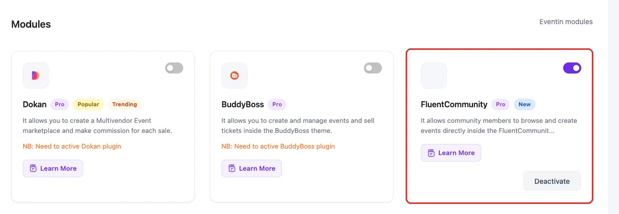 The Modules section of the Eventin Extensions page with the FluentCommunity card highlighted and its toggle switched on.