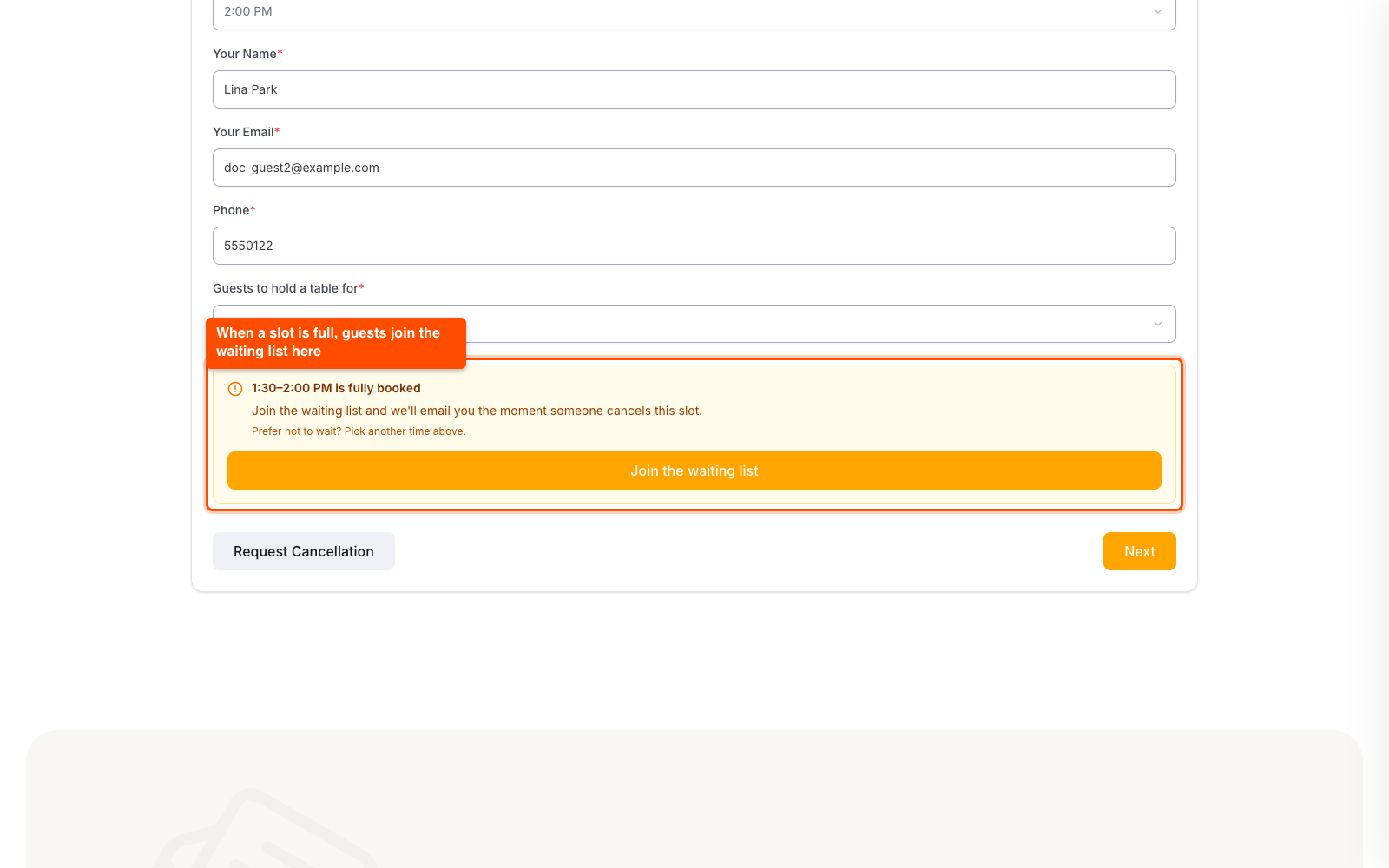 WP Cafe reservation form showing a fully booked time slot and the Join the waiting list button