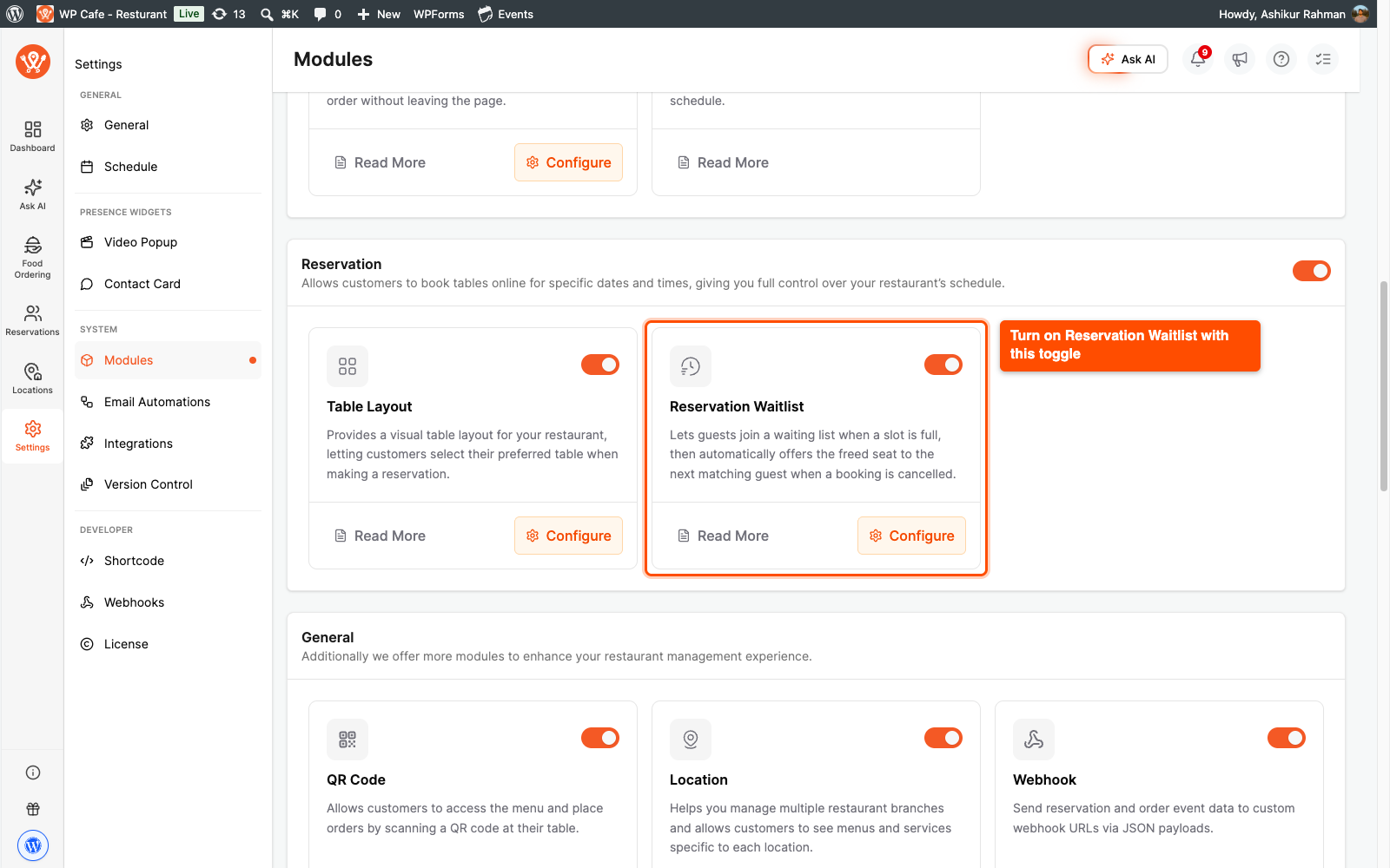 WP Cafe Modules page with the Reservation Waitlist module card and its toggle