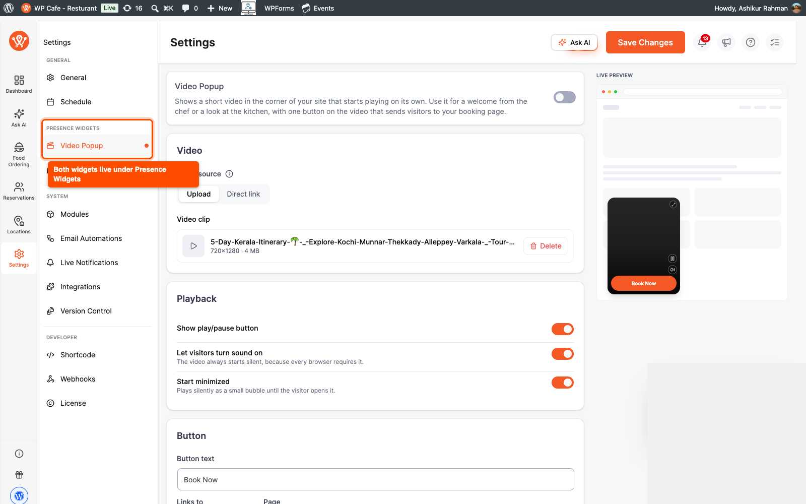 WP Cafe settings sidebar with the Presence Widgets group, Video Popup and Contact Card tabs