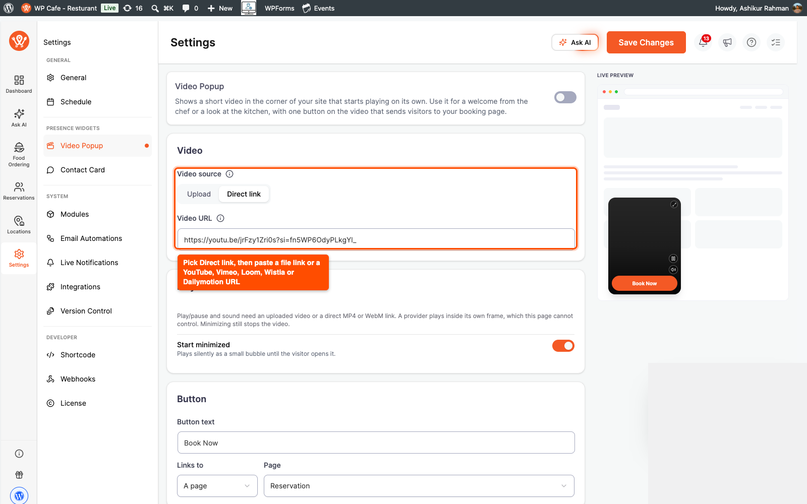 Video Popup source set to Direct link with a video URL field