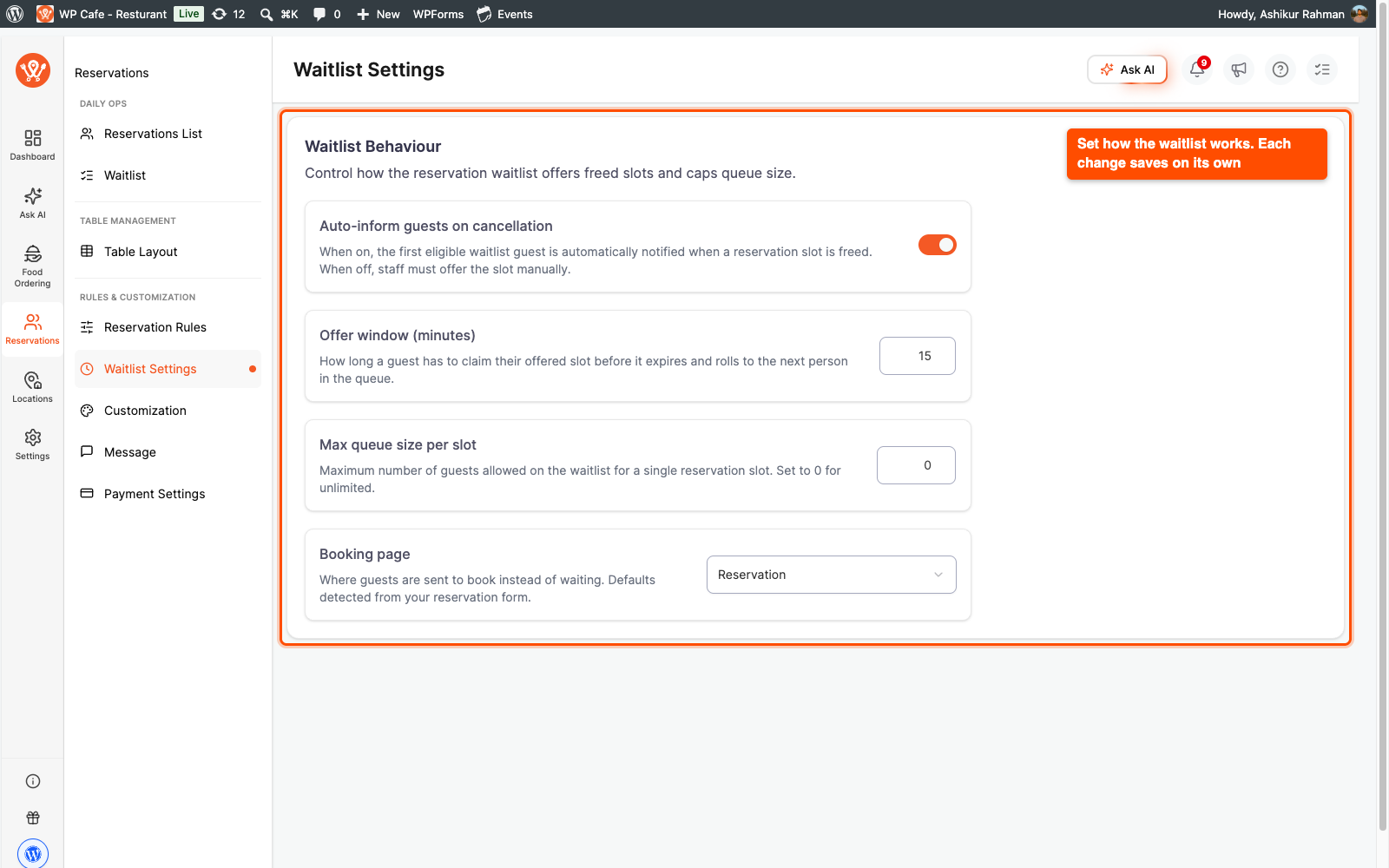 Waitlist Settings page with auto-inform, offer window, max queue size and booking page settings