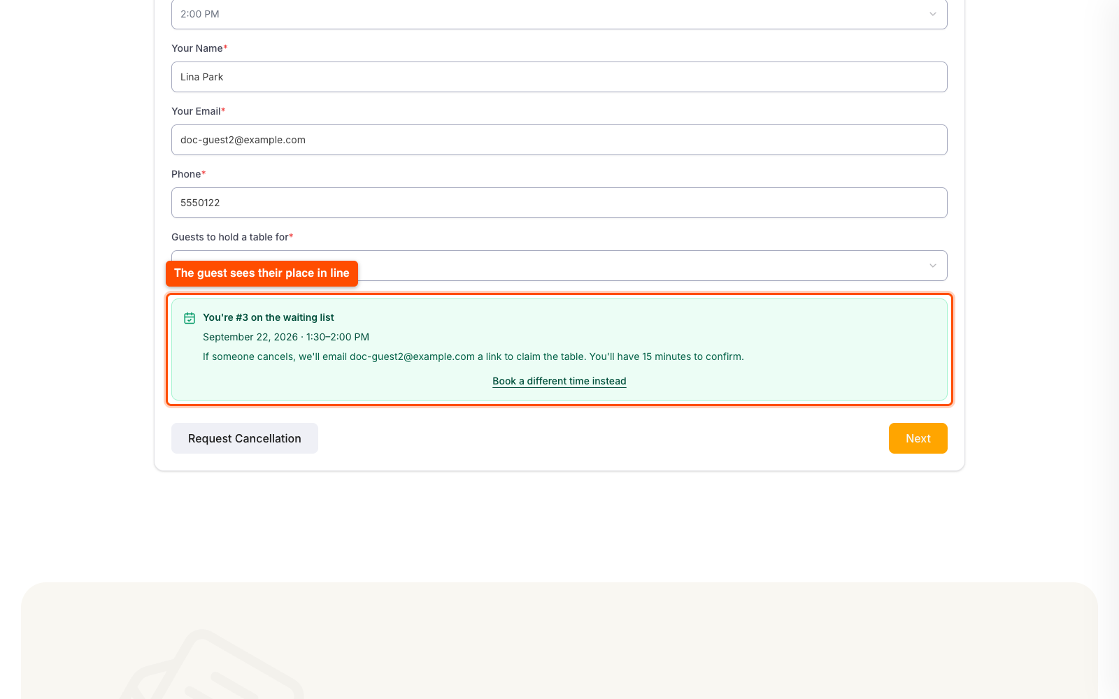 Reservation form confirming the guest's place on the waiting list