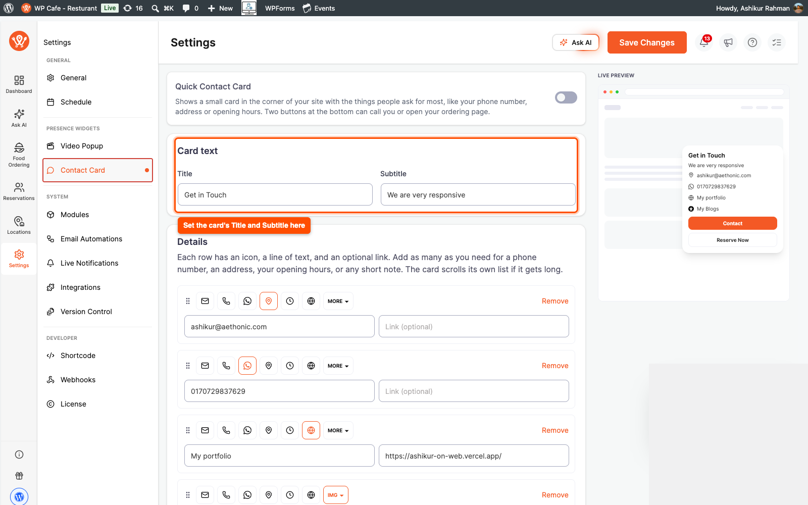 Quick Contact Card Title and Subtitle fields in WP Cafe settings