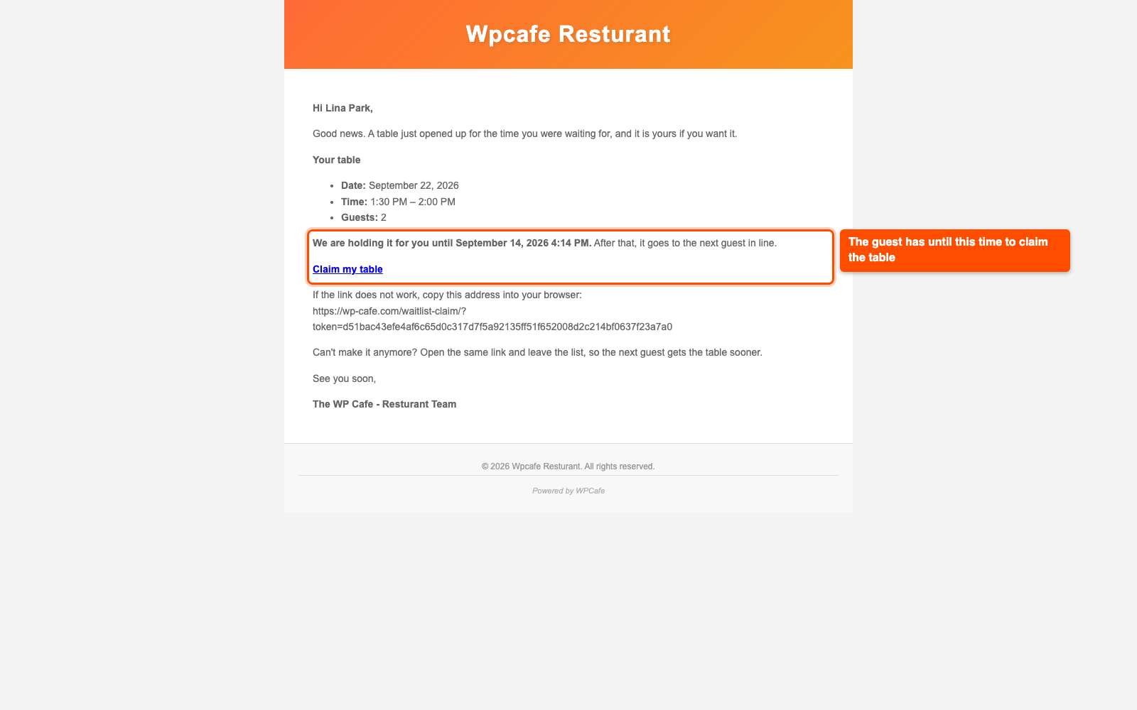 Waitlist table offer email with the claim deadline and the Claim my table link