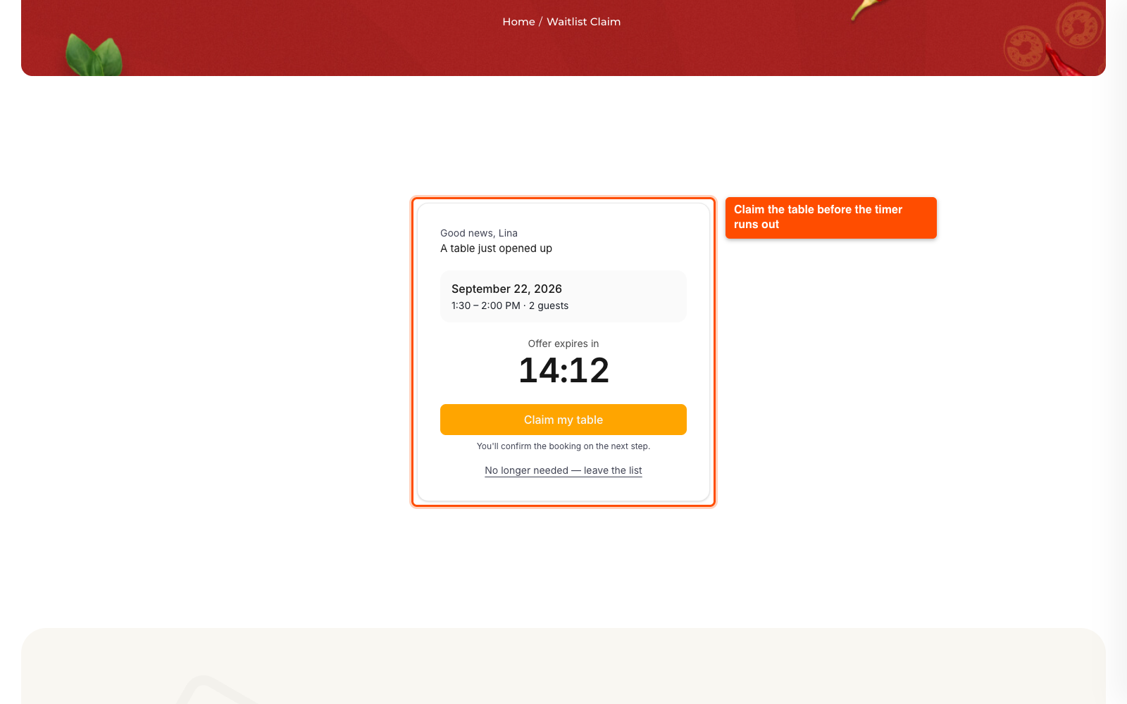 Waitlist Claim page with the offer countdown and the Claim my table button