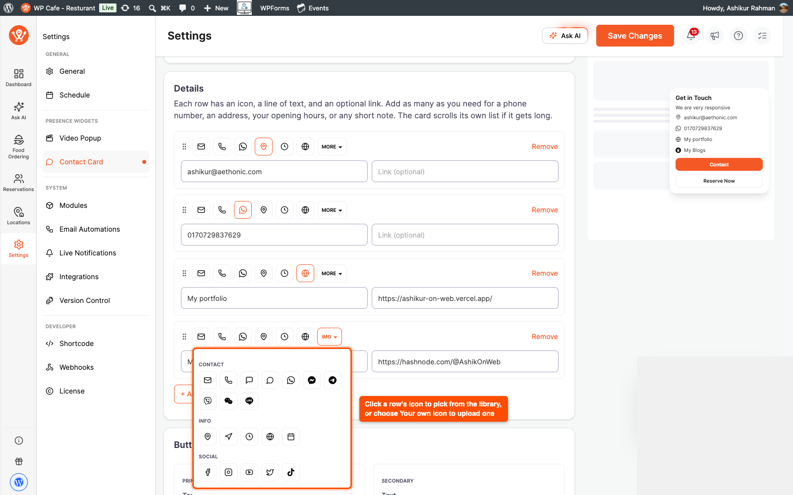 Quick Contact Card details rows with the icon picker open showing built-in icons