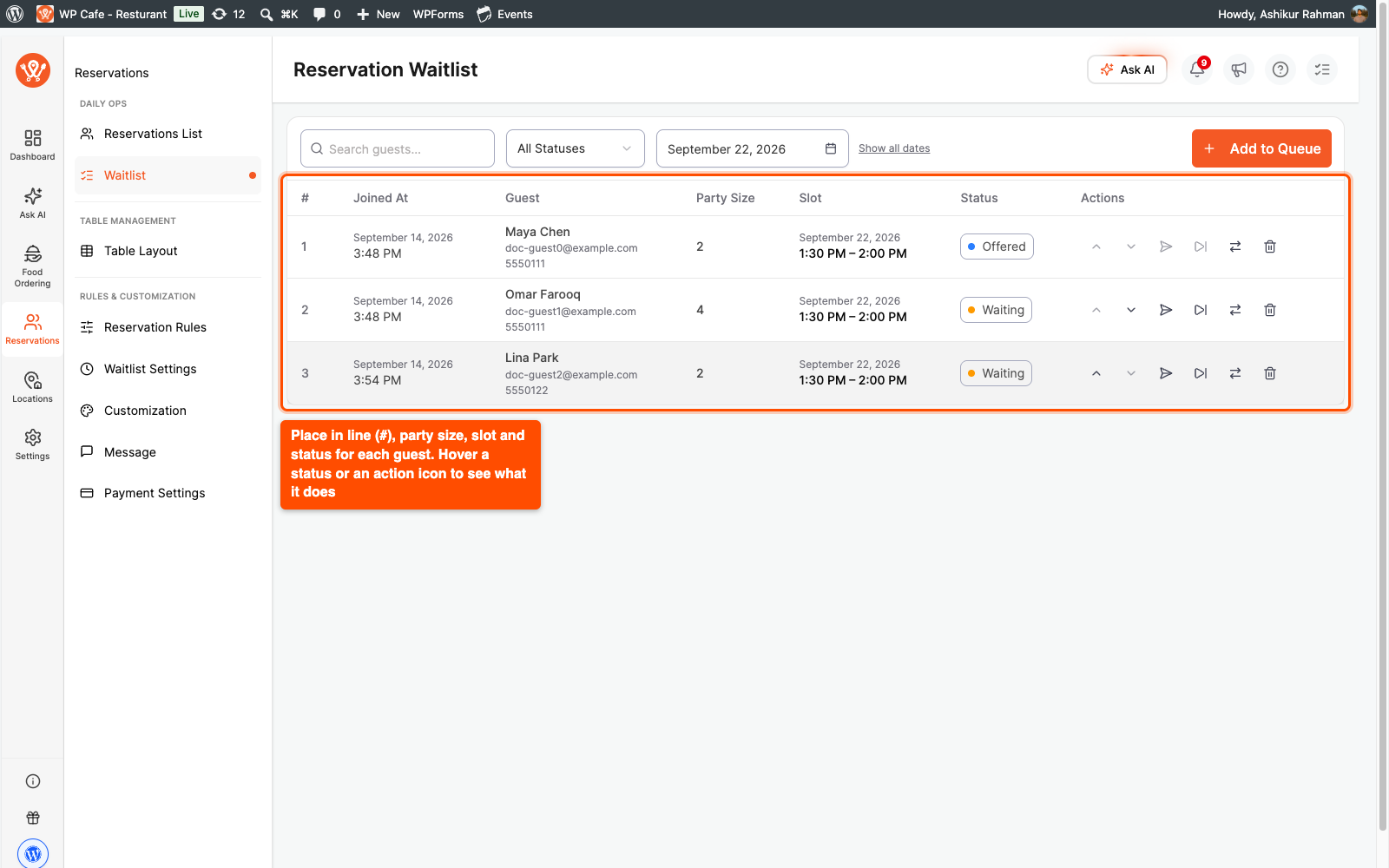 Reservation Waitlist admin queue showing guests, party size, slot, status and actions