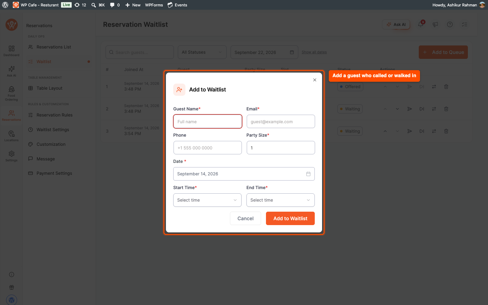 Add to Waitlist dialog for adding a guest manually