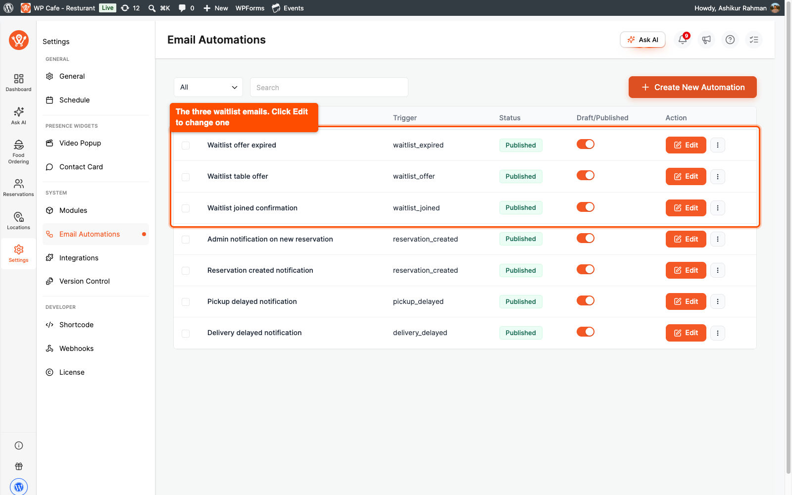 Email Automations list with the three waitlist email flows