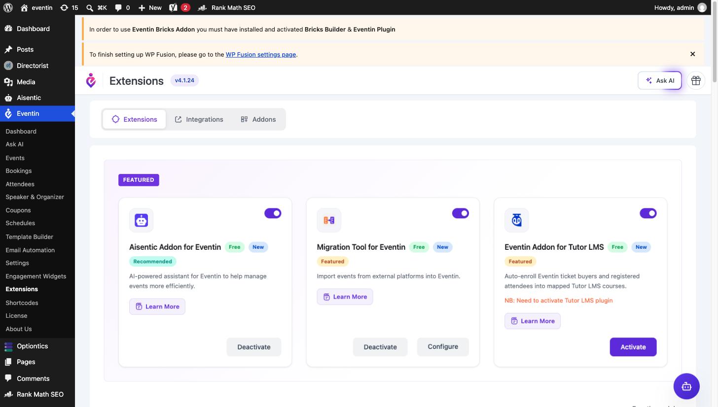 Eventin Extensions page with the Migration Tool for Eventin enabled