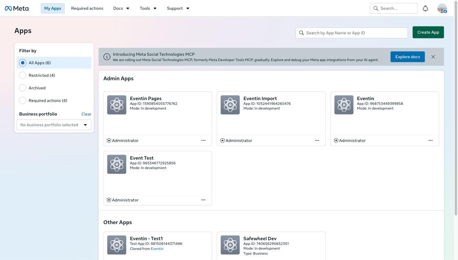 Meta for Developers My Apps dashboard with the Create App button