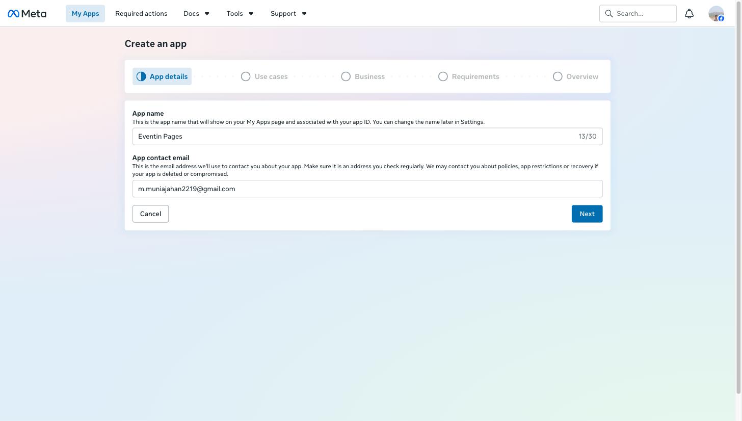 Facebook Create an app screen with the App name and contact email filled in