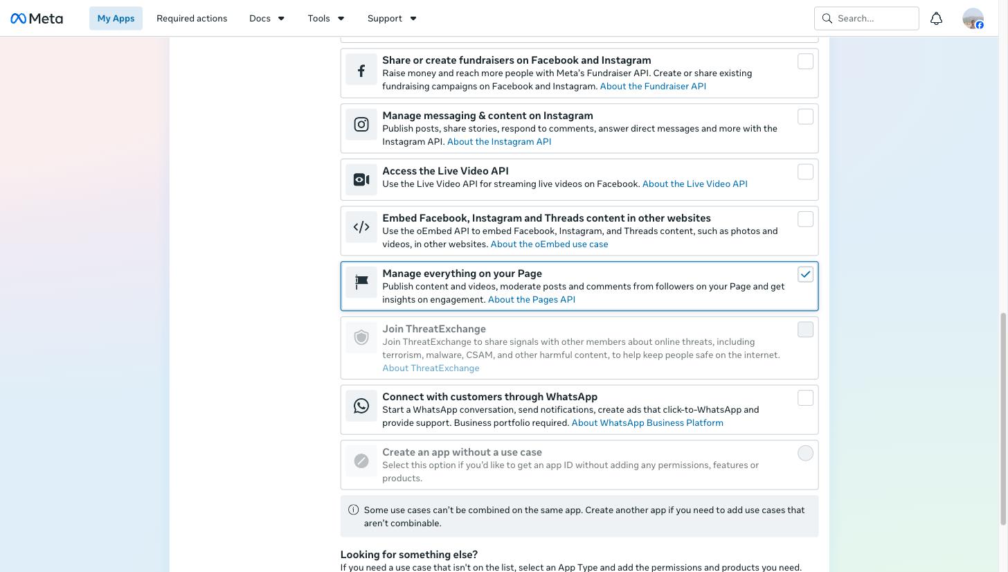 Facebook use case list with Manage everything on your Page selected