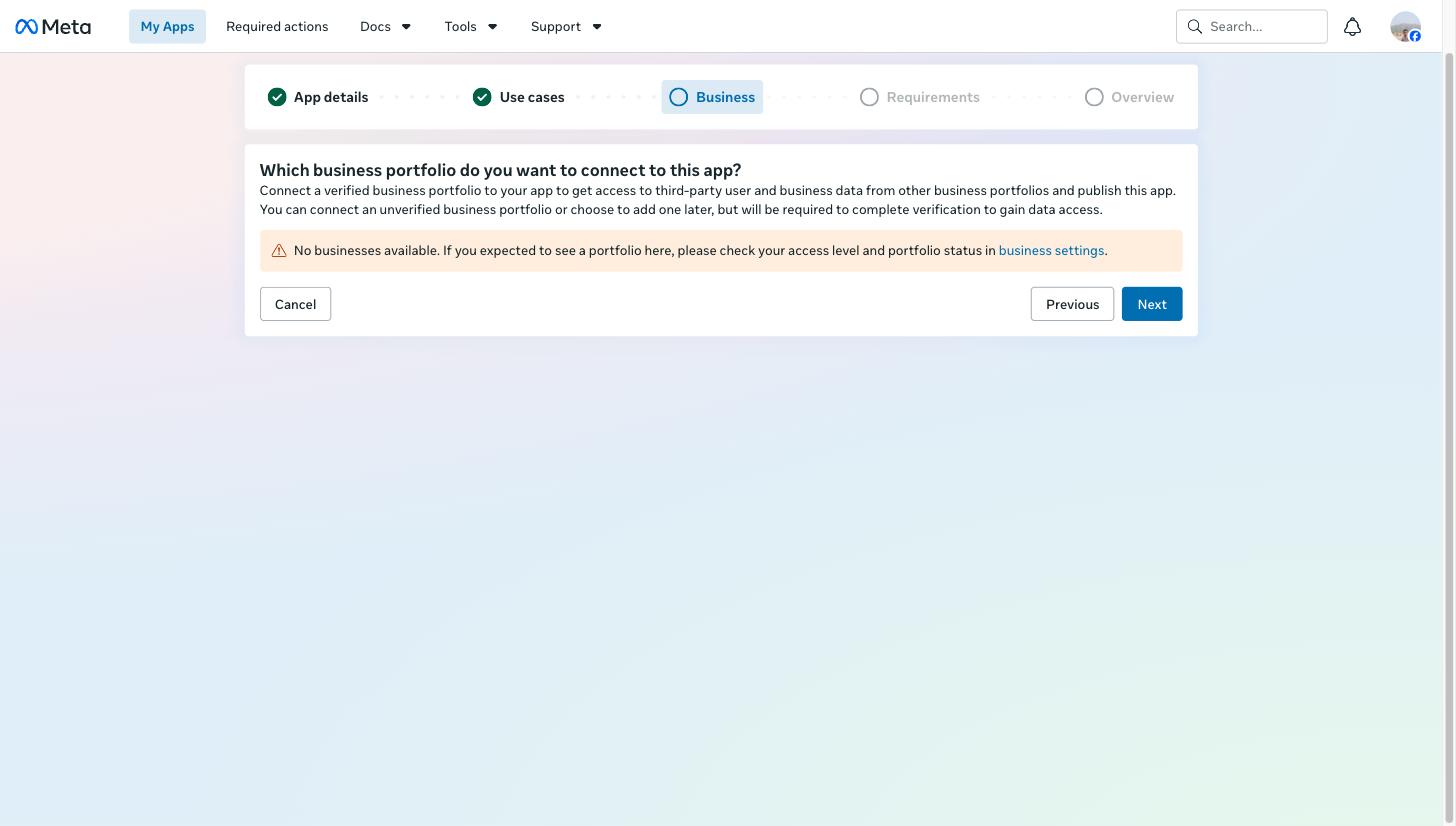 Facebook business portfolio step showing no businesses available