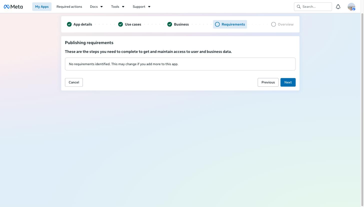 Facebook publishing requirements step showing no requirements identified