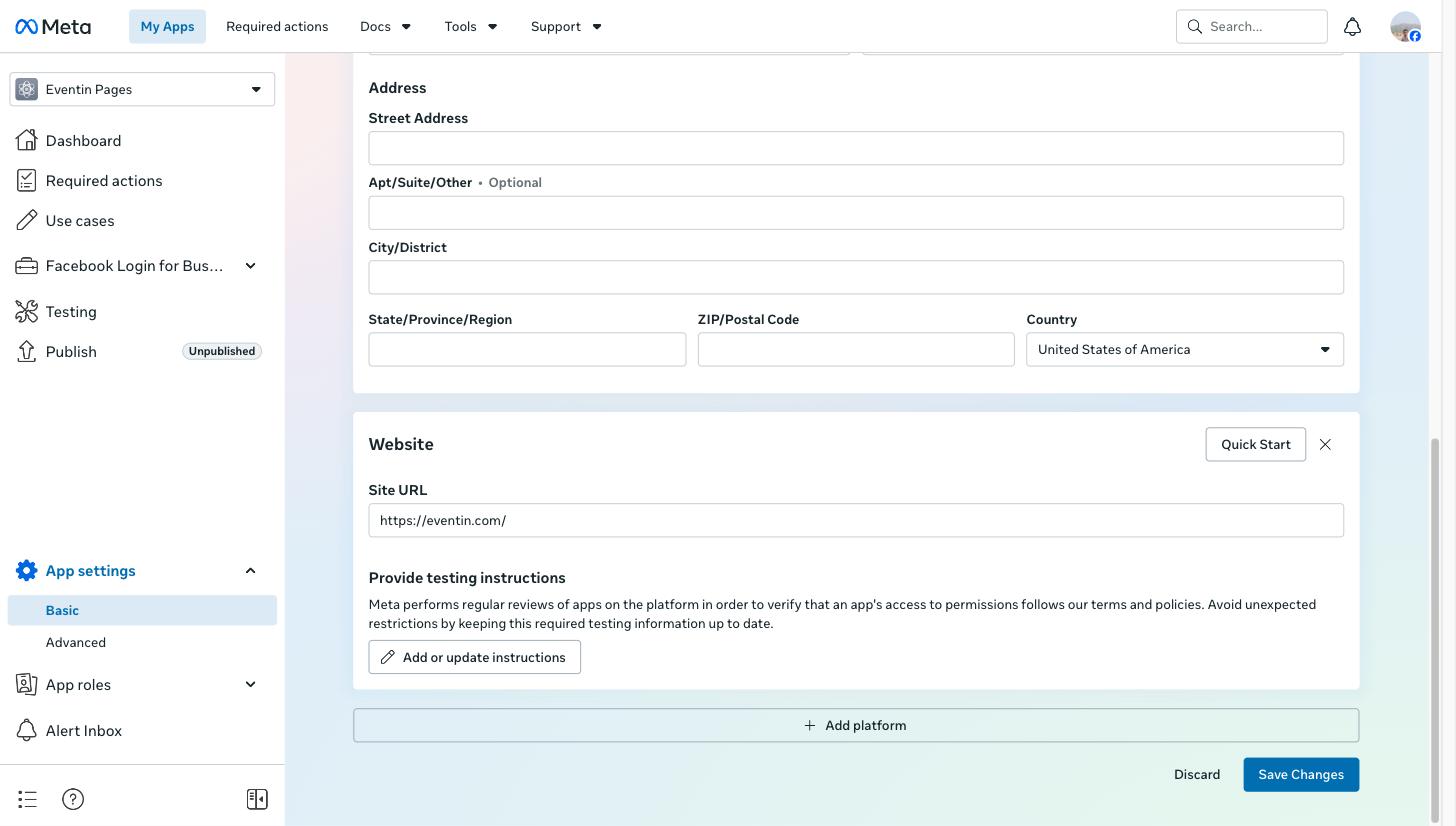 Facebook Website platform section with the Site URL set to the WordPress site