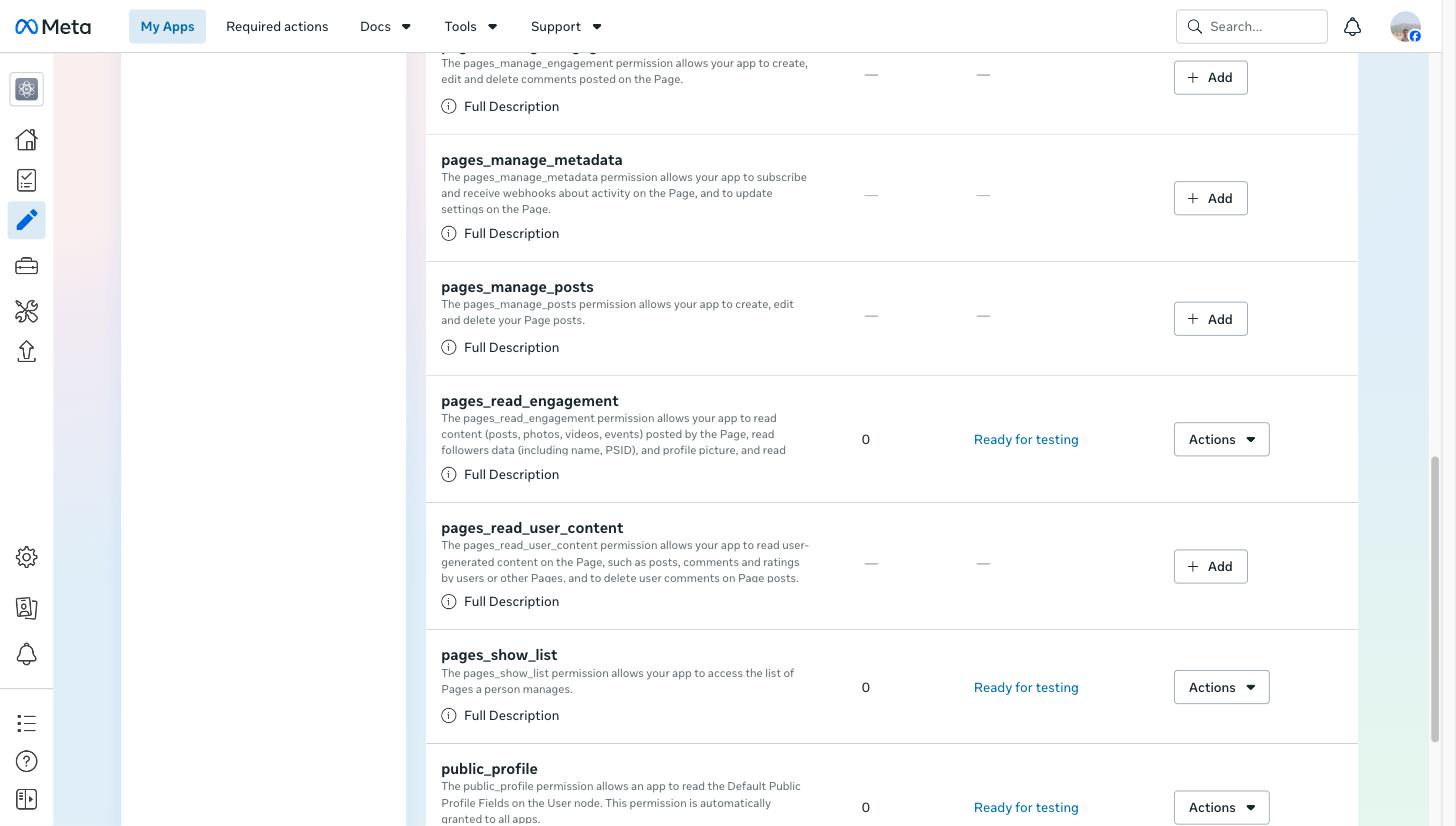 Facebook permissions list showing pages_show_list and pages_read_engagement ready for testing