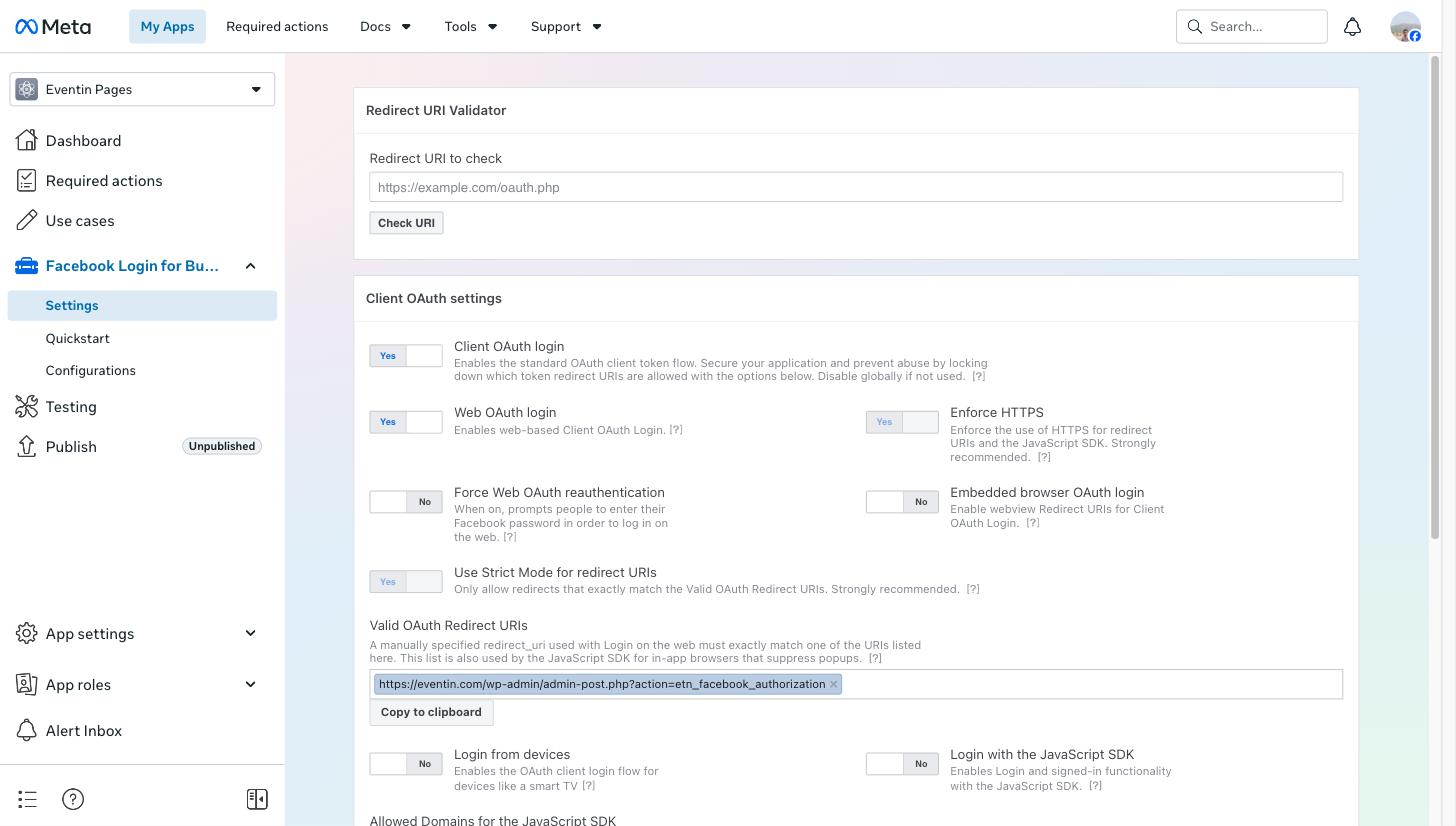 Facebook Login for Business settings with the Eventin OAuth redirect URI added