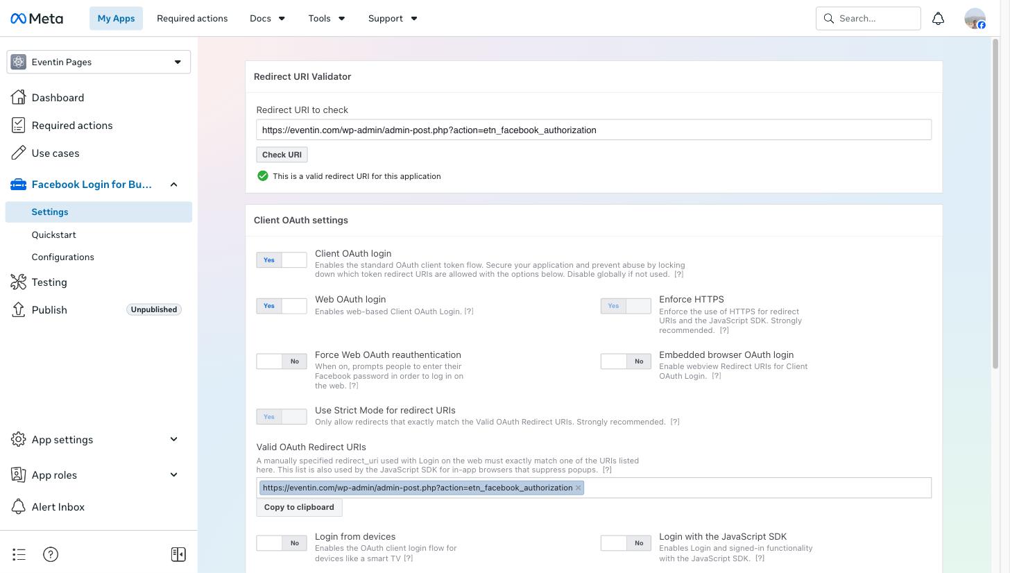 Facebook Redirect URI Validator confirming the Eventin callback URL is valid