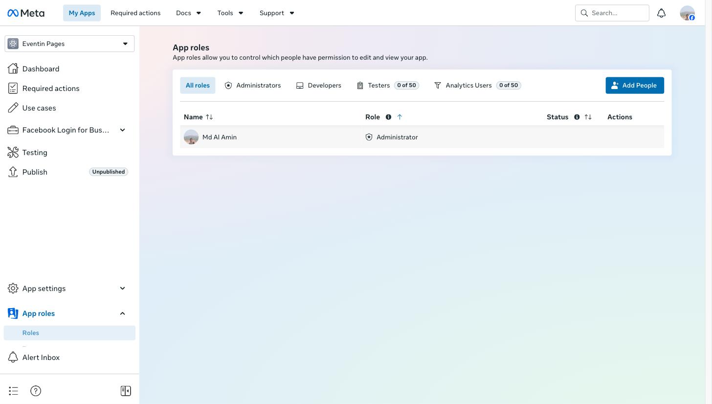 Facebook App roles page with the Add People button for adding testers