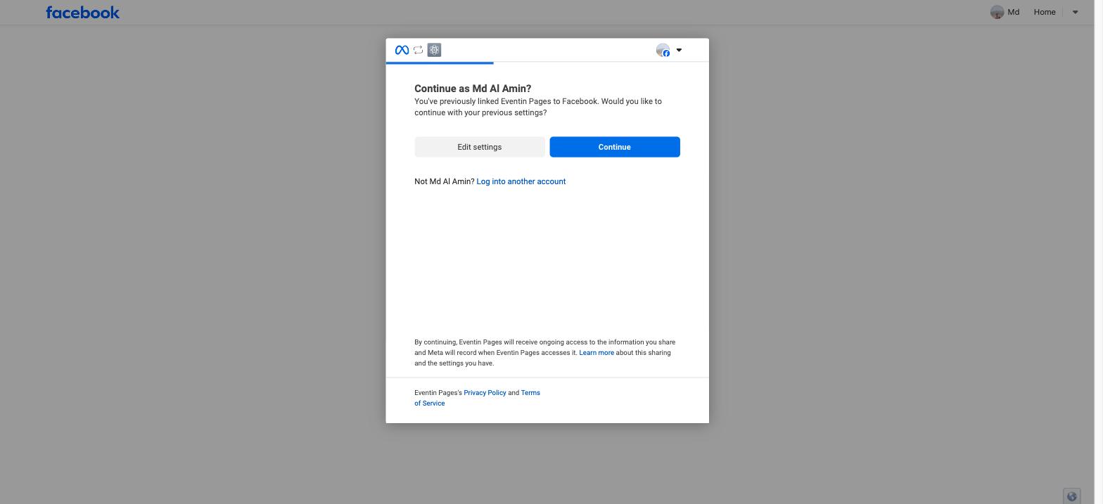 Facebook consent dialog asking to continue as the logged in user