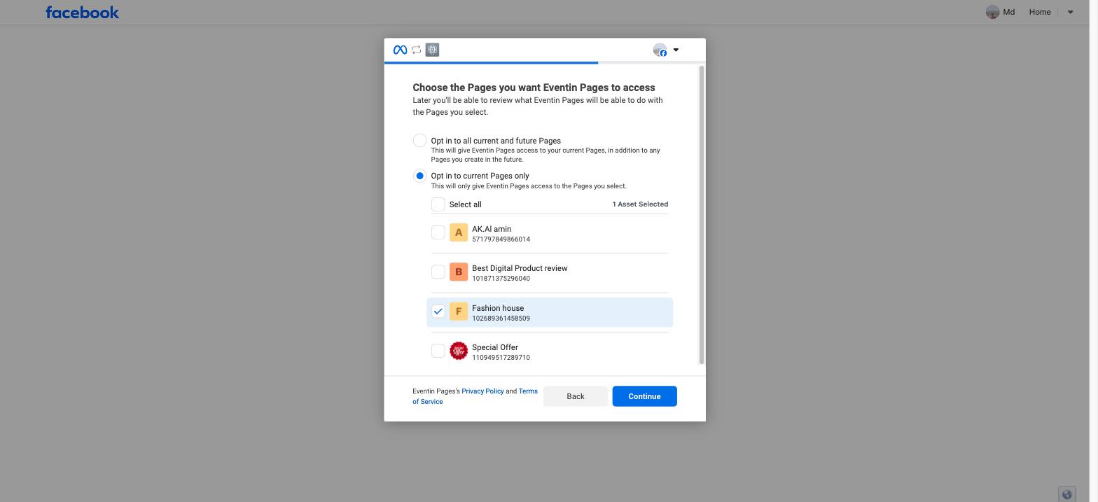 Facebook screen for choosing which Pages the Eventin app can access