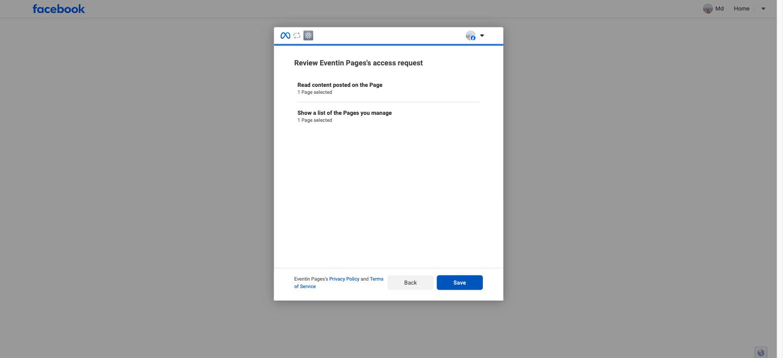 Facebook access request review screen listing the Page permissions being granted