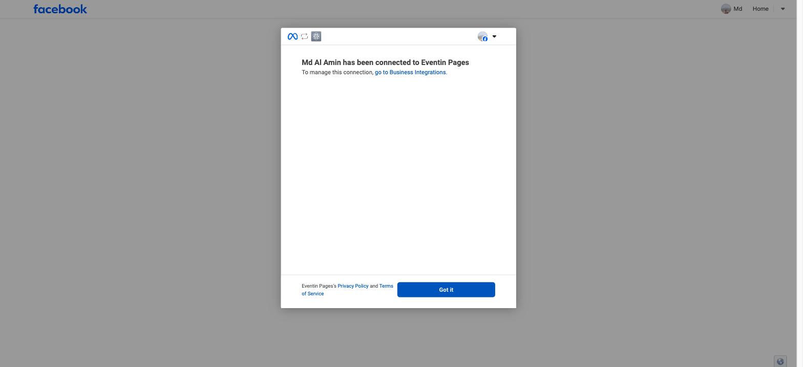 Facebook confirmation that the account has been connected to the app