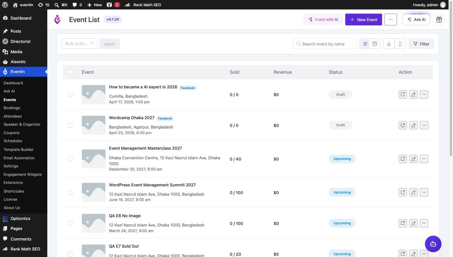 Eventin Event List showing imported events with a Facebook badge and Draft status