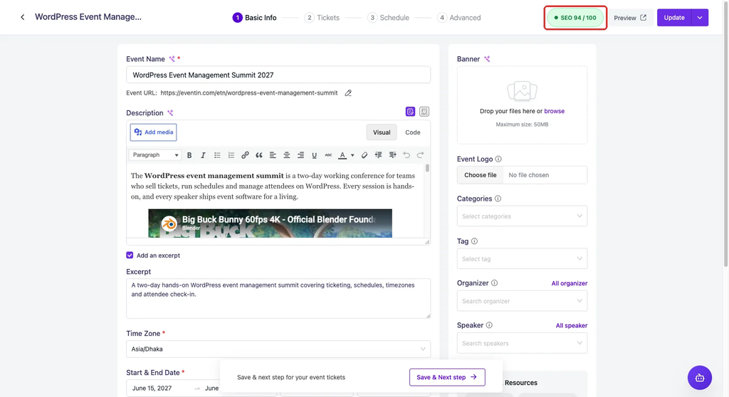 Eventin Extensions page on the Integrations tab with the Yoast SEO card highlighted and its enable toggle switched on.