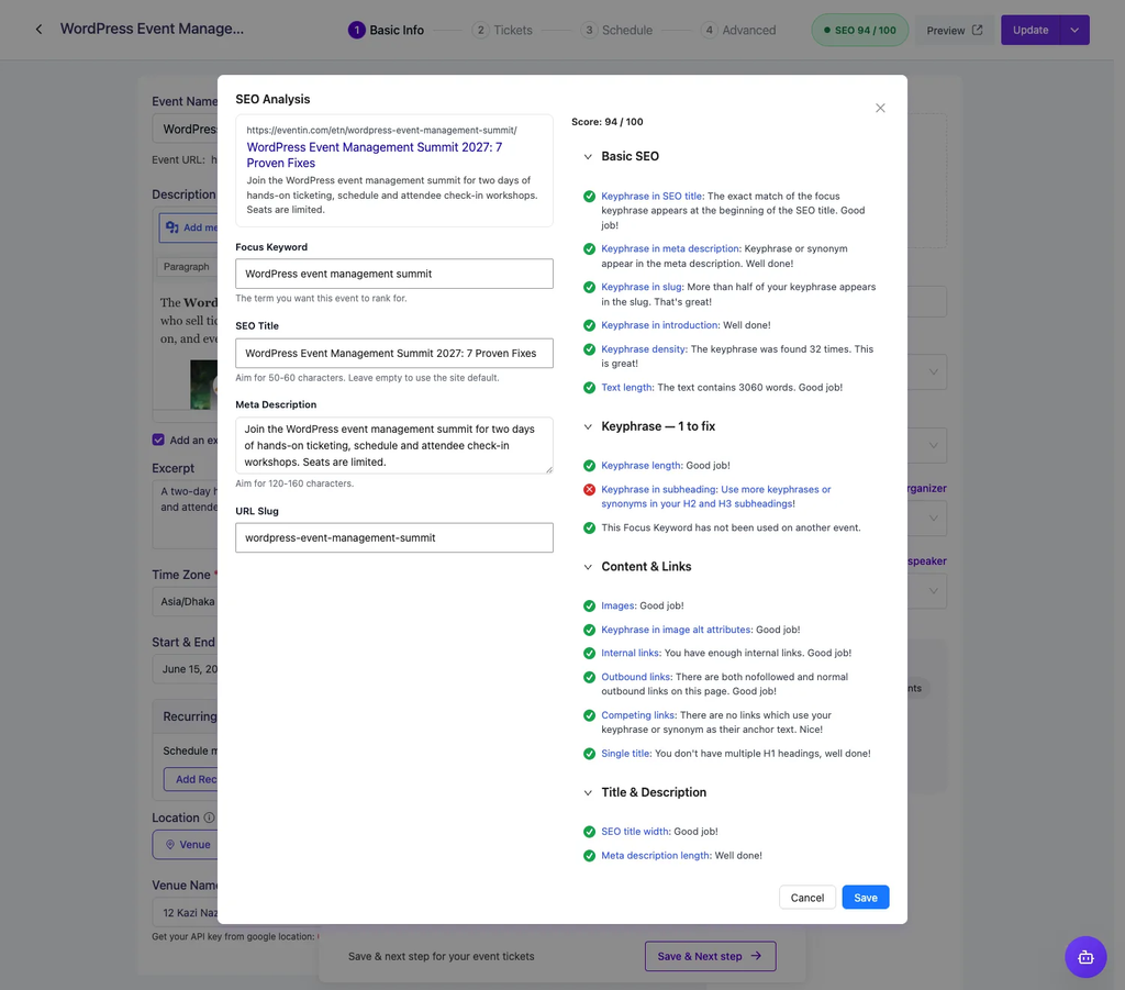 The Eventin SEO Analysis window using Yoast SEO, showing the search preview, the four SEO fields, and Yoast's Basic SEO, Keyphrase, Content & Links and Title & Description groups with a score of 94 out of 100.