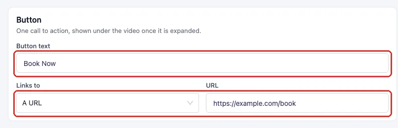 Button card with the Button text field, the Links to dropdown and the page or URL field next to it.