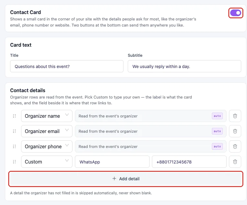 Contact Card tab with the enable toggle, the Title and Subtitle fields, and the Contact details rows with organizer and custom entries.