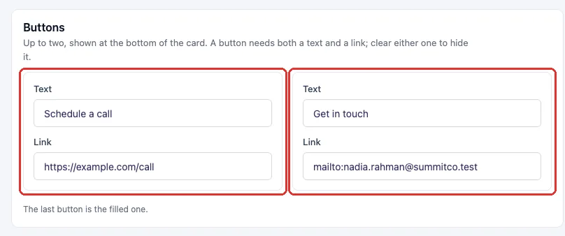 Buttons card with two buttons, each with a Text field and a Link field.